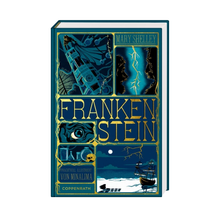 Buchcover blau mit Titel Frankenstein