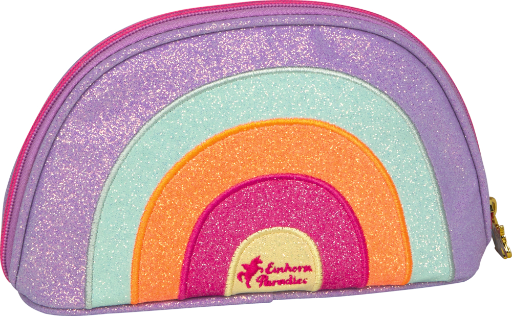 Eine bunte, glitzernde Zipptasche mit "Einhorn Paradies"-Logo auf der Rückseite.