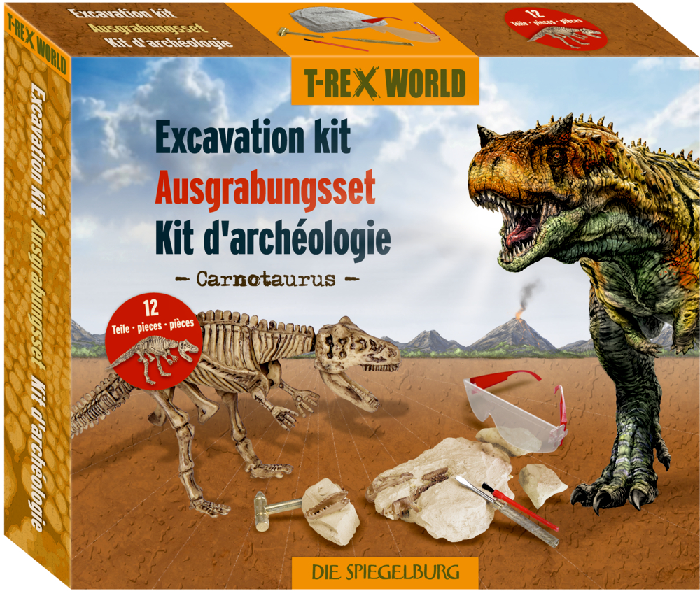 Großes Ausgrabungsset Carnotaurus - T-Rex World Ausgrabungsset mit Carnotaurus-Skelett, Spielzeugwerkzeugen und T-Rex-Illustration im Hintergrund.