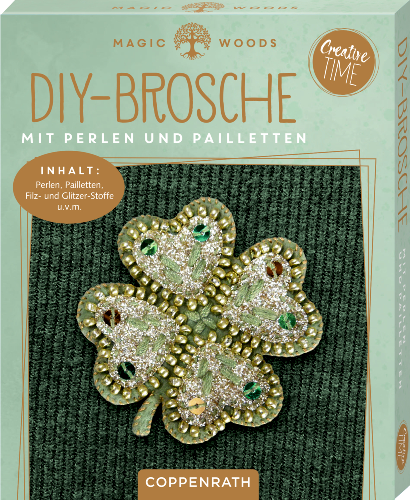 DIY-Broschenset mit Perlen-Kleeblatt auf grünem Hintergrund in dekorativer Box.