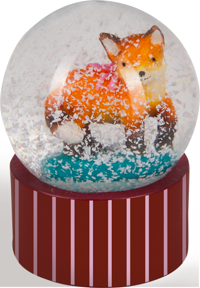 Fuchsfigur in einer Schneekugel, auf einem roten Sockel mit vertikalen rosa Streifen.