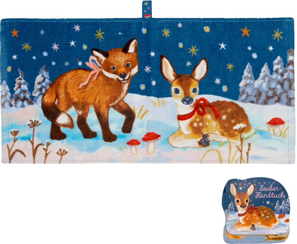 Fuchs und Rehkitz mit Schleifen im verschneiten Wald, Sternen und Pilzen auf einem blauen Handtuch.
