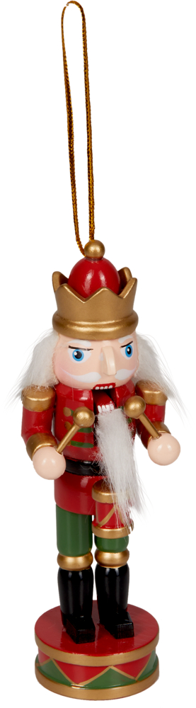 Rot-grünes Nussknacker-Ornament aus Holz mit goldener Krone, weißem Haar und goldener Schnur zum Aufhängen.