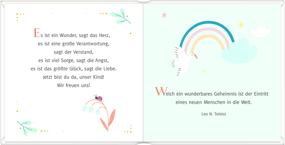 Bilderbuch geöffnet: Gedicht, fliegender Storch, Regenbogen, Wolken und kleine Blumen auf pastellfarbenem Hintergrund.