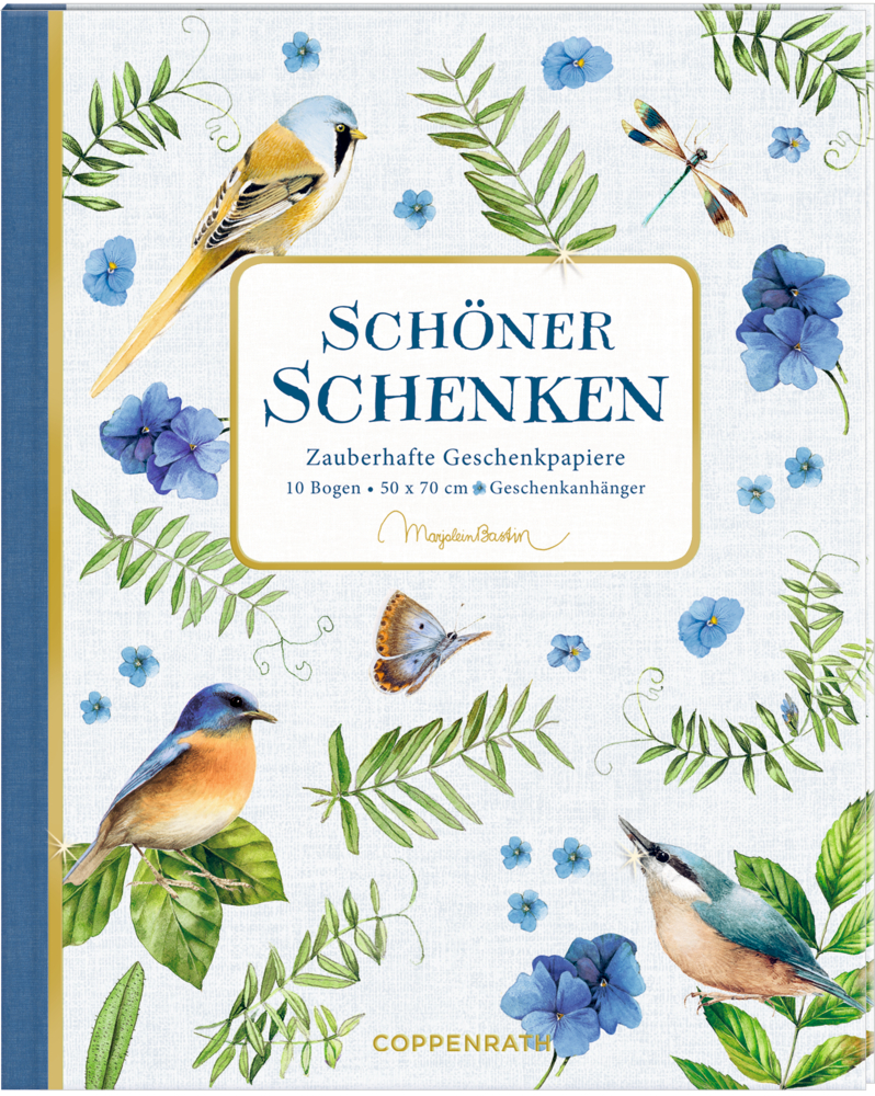Geschenkpapier-Buch Schöner schenken - M. Bastin Cover mit Vögeln, blauen Blumen, Grünpflanzen; Titel: „Schöner Schenken“ mit dekorativem Design.