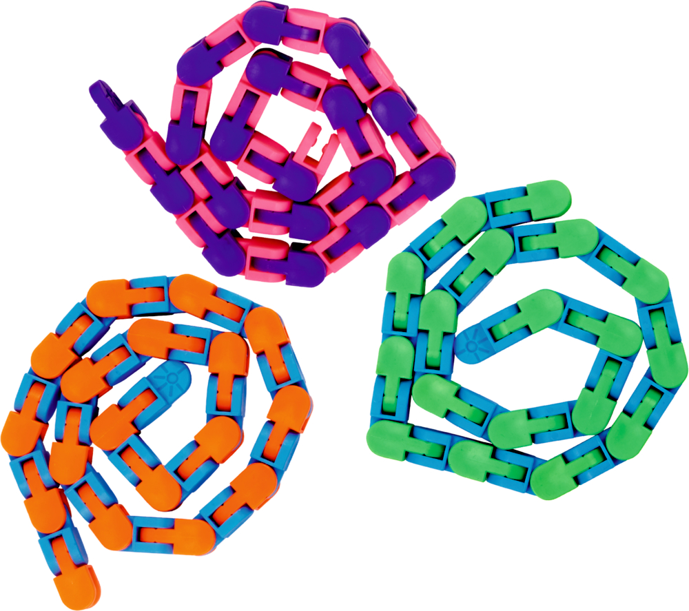 Ketten-Puzzle - Bunte Geschenke Drei bunte Zappelschlangen, spiralförmig auf weißem Hintergrund gewickelt.