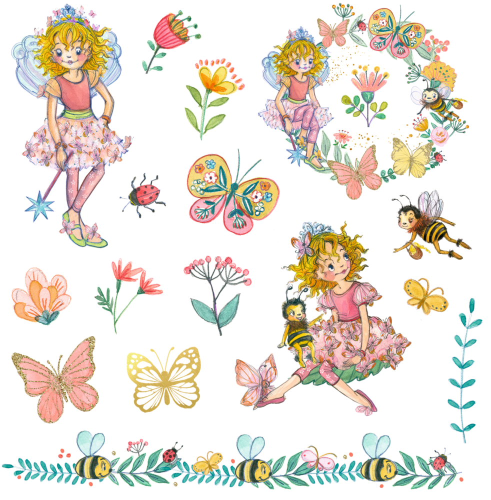 Wunderliche Feen, Blumen, Schmetterlinge und Bienen im farbenfrohen handgezeichneten Stil mit verspielten Blumenrändern.