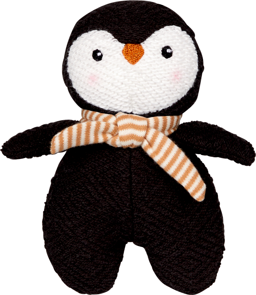 Knistertier Pinguin Little Wonder (nachhaltig mit Recycling-Material und Baumwolle aus kontrolliert biologischem Anbau) Plüschpinguin mit schwarzem Körper, weißem Gesicht und braun-weiß gestreiftem Schal.