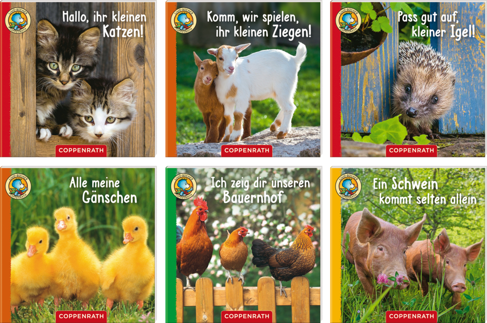 Sechs Buchcover mit Fotos von Kätzchen, Ziegen, einem Igel, Entenküken, einem Hühnern und Ferkel.