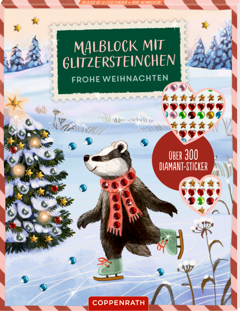Cover eines Malblocks mit einem Dachs, der mit Schlittschuhen und rotem Schal eislÃ¤uft.