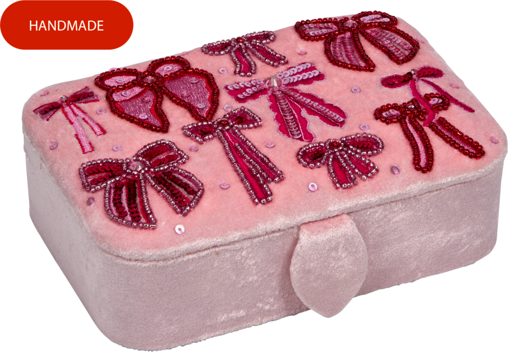 Rosafarbenes Schmuckkästchen mit Samtoberfläche, verziert mit roten und pinken Perlen- und Paillettenschleifen.