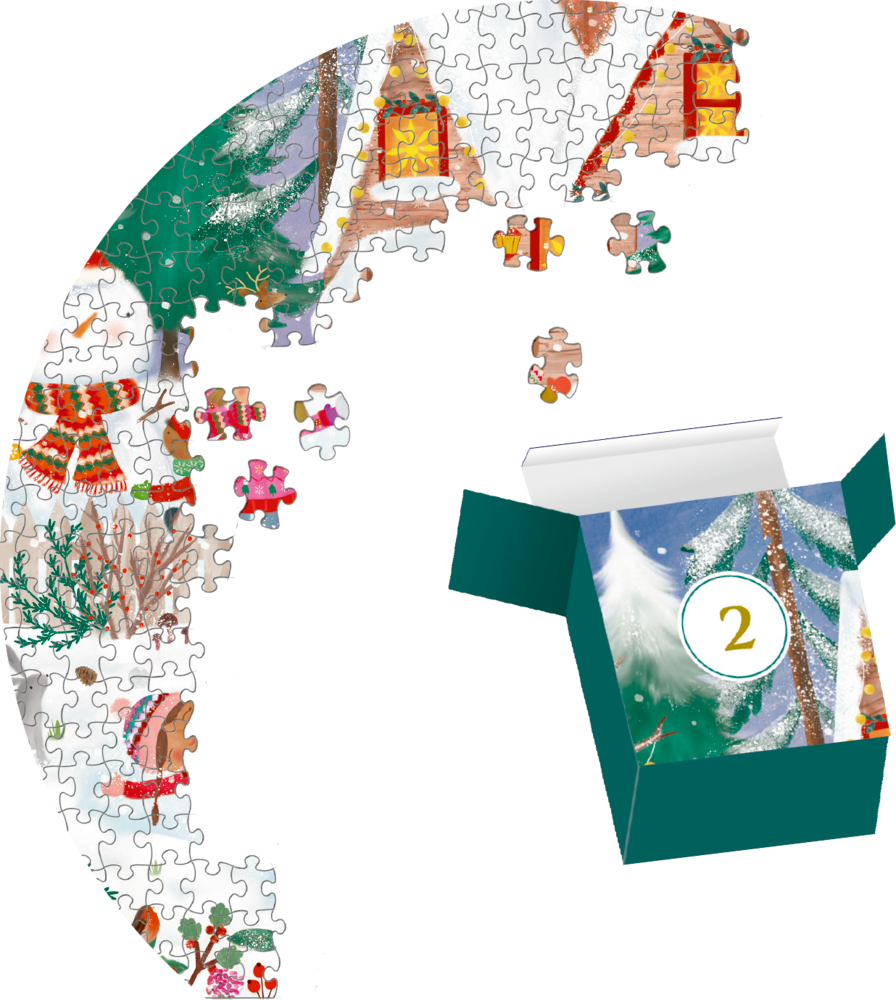 Teilweise fertiges Winterpuzzle mit einer Geschenkbox mit der Aufschrift 2, die mehrere lose Teile enthält.