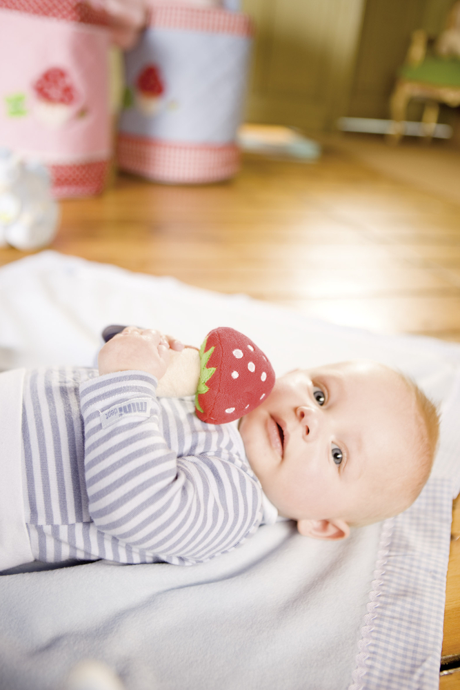 Ein Baby im gestreiften Pyjama liegt auf einer Decke und hält ein Plüsch-Fliegenpilz.
