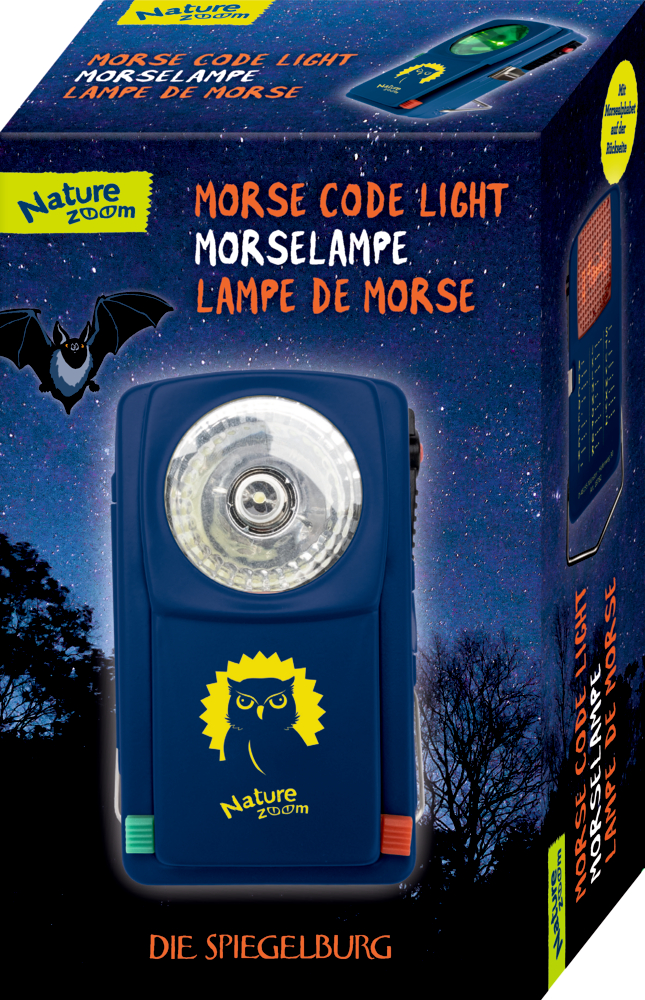 Blaues Morsecode-Taschenlampenspielzeug mit Eulenlogo in einer Nature Zoom-Box mit sternenklarem Nachthintergrund.