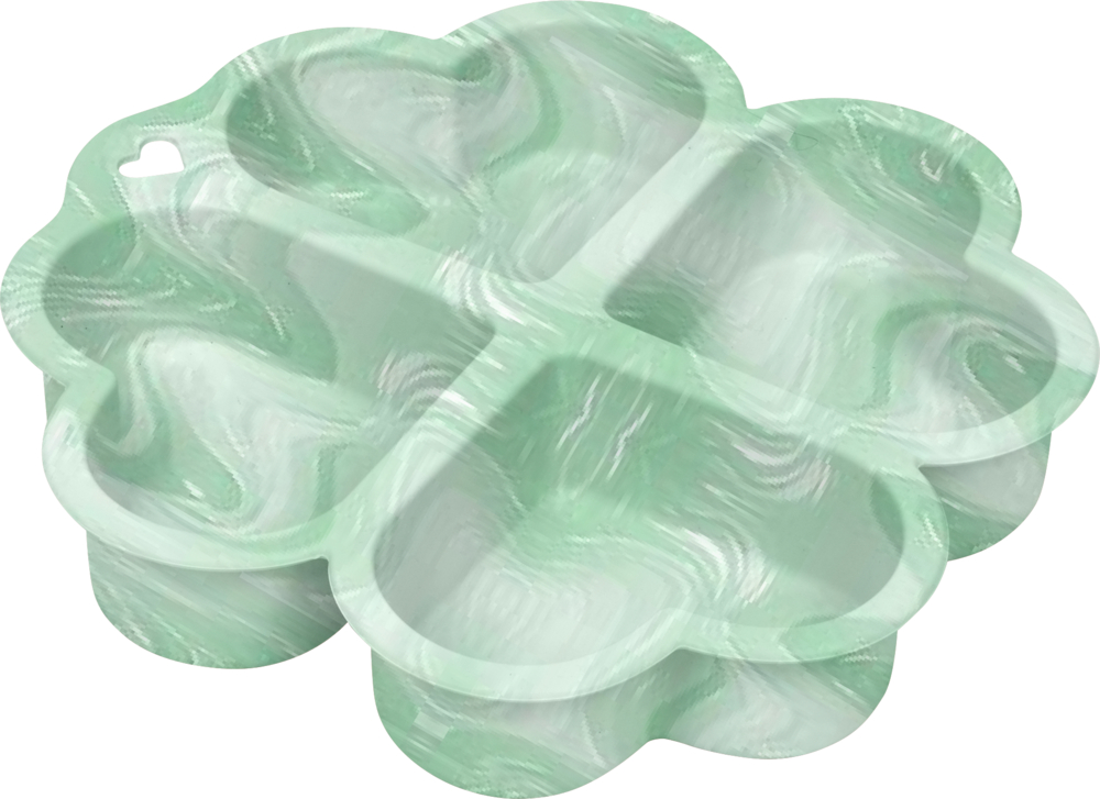 Grün marmorierte Silikonform in Kleeblattform mit vier Fächern.