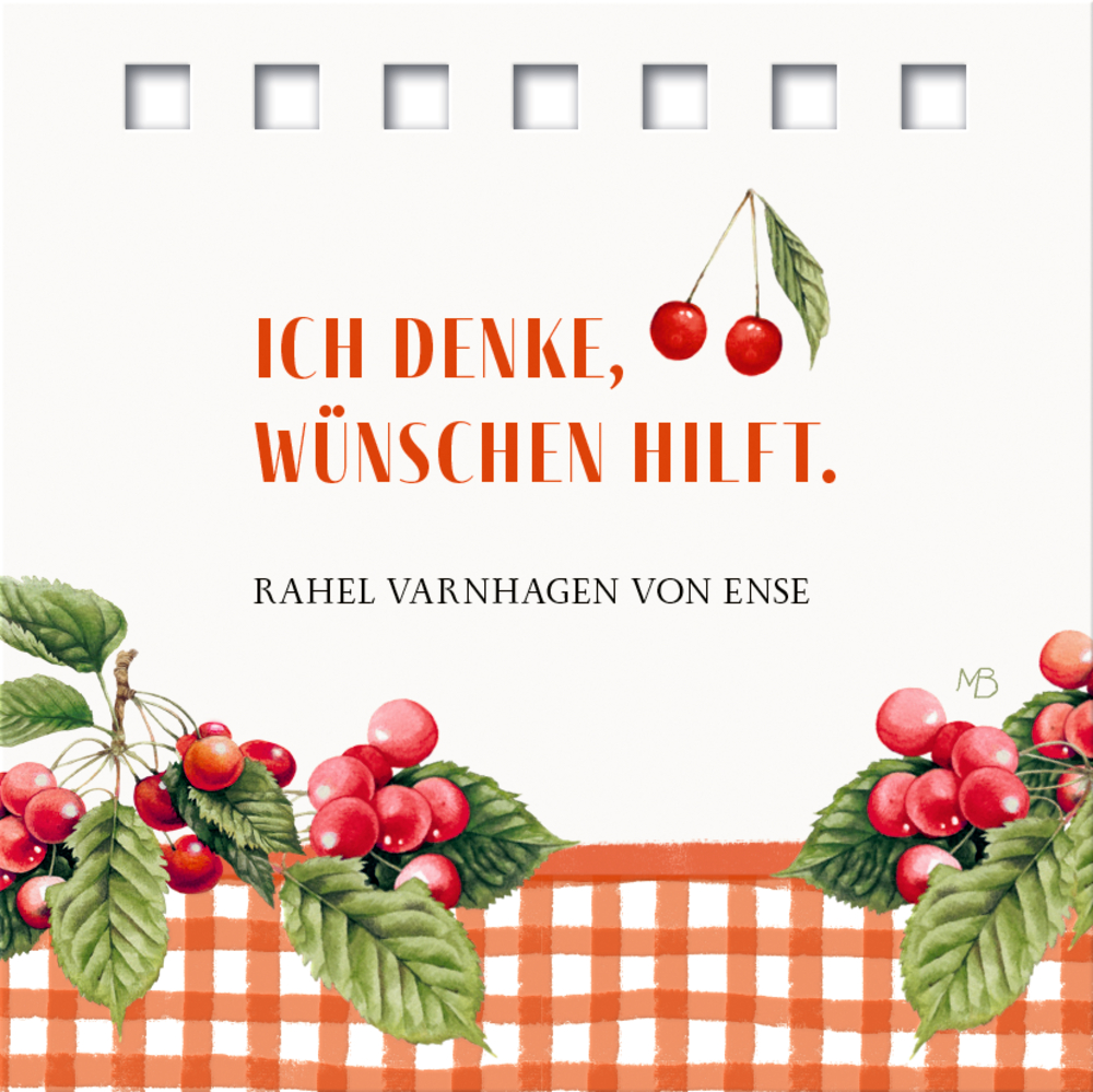 Weißer Hintergrund mit Kirschen, roter Text Ich denke, wünschen hilft., rot kariertes Muster am unteren Rand.