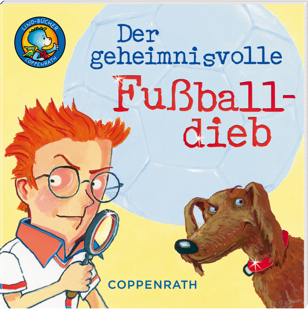 Buchcover zeigt einen analytisch schauenden Jungen mit Lupe und Hund.