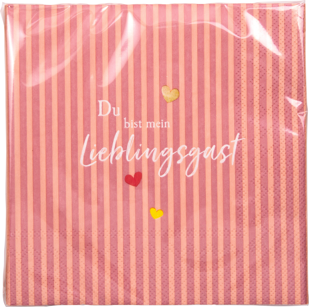 Rosa gestreifte Serviette mit Text und kleinen gelben, goldenen und roten Herzen auf der Vorderseite.