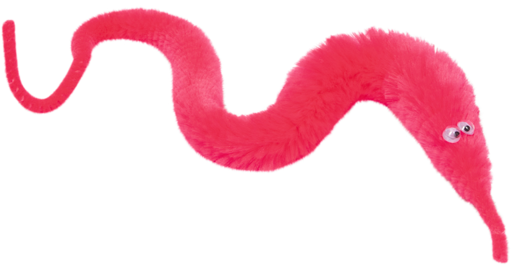 Vor einem schlichten weißen Hintergrund ist ein flauschiges rosa Wurmspielzeug mit Wackelaugen zu sehen.