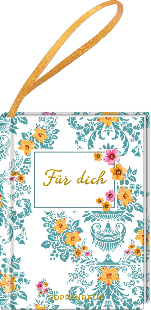 Anhänger mit Blumenmuster, goldene Schrift Für dich, gelbem Band zum Aufhängen.
