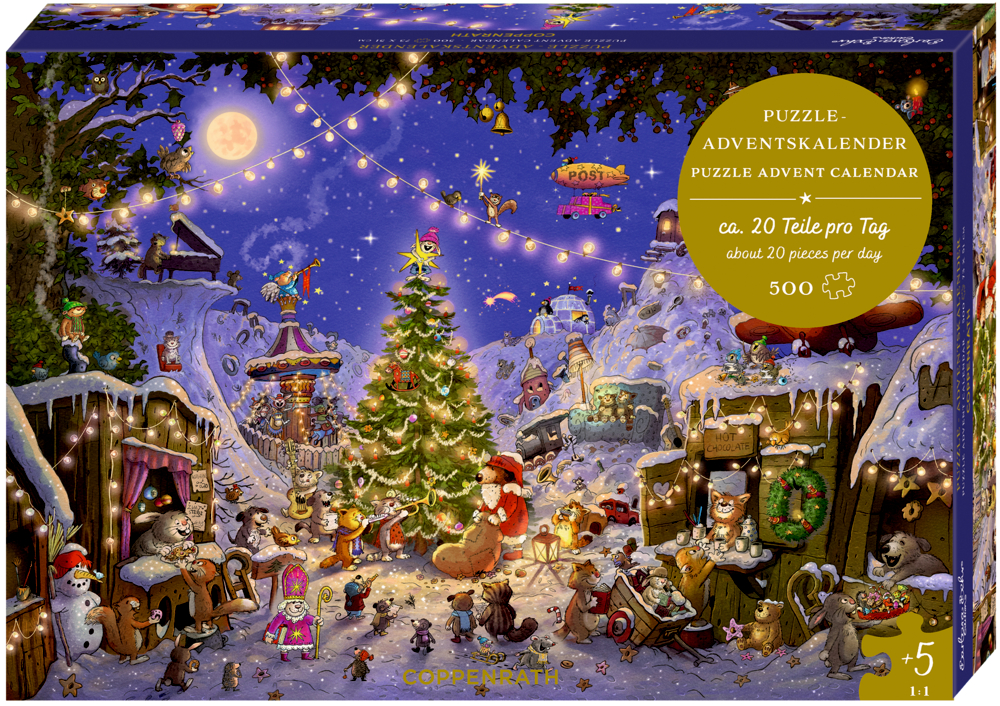 Bunt illustrierter Puzzle-Adventskalender mit winterlicher Tierlandschaft, Weihnachtsbaum und geschmückten Buden im Schnee.