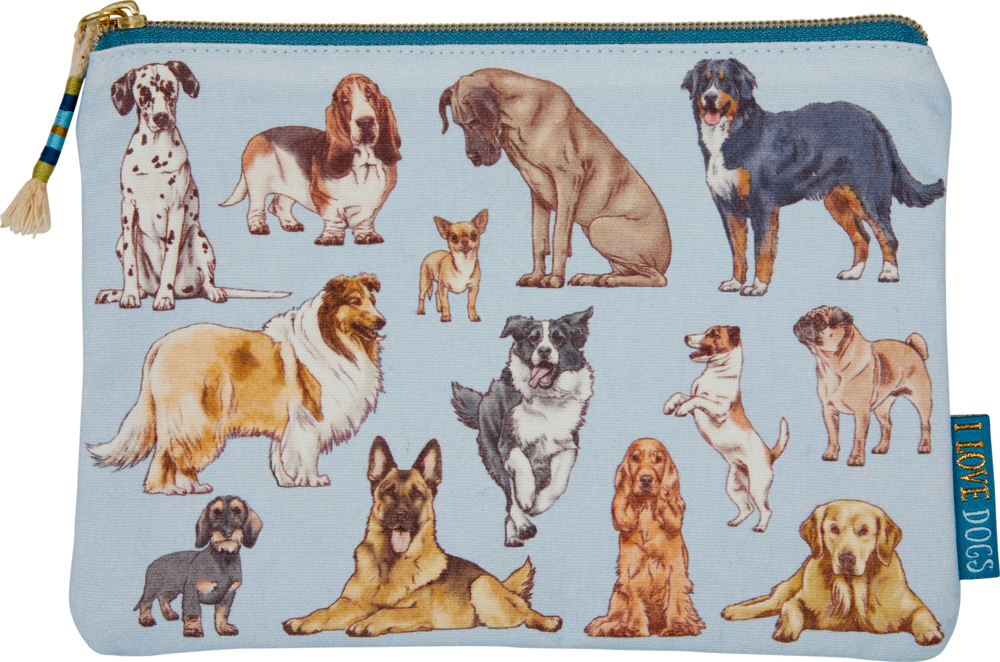 Reißverschlusstasche mit illustrierten Hunden in verschiedenen Posen auf hellblauem Untergrund.