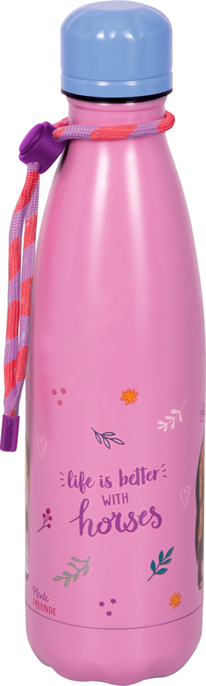 Rosa Wasserflasche mit hellblauem Deckel, Pferdegrafiken und dem Text „Das Leben ist besser mit Pferden“ auf der Vorderseite.