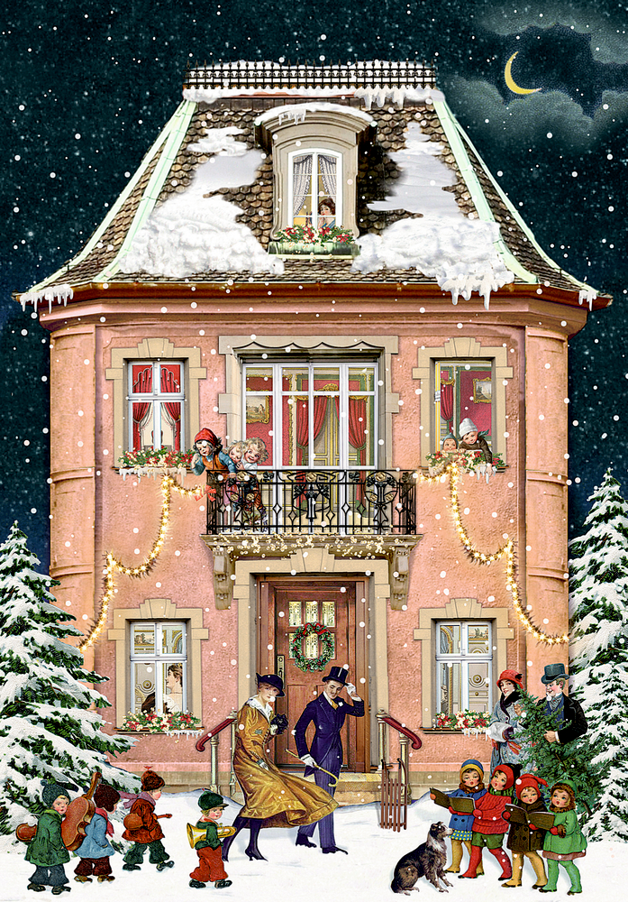 Nostalgisches Haus mit Schnee, Weihnachtsbeleuchtung, Halbmond und Kindern und Erwachsenen draußen in einer Winternacht.