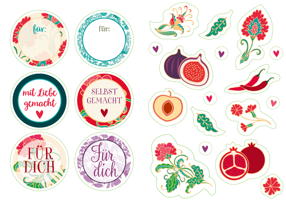 Bunte, runde Etiketten mit leuchtenden Blumen-, Frucht- und Herzmotiven.
