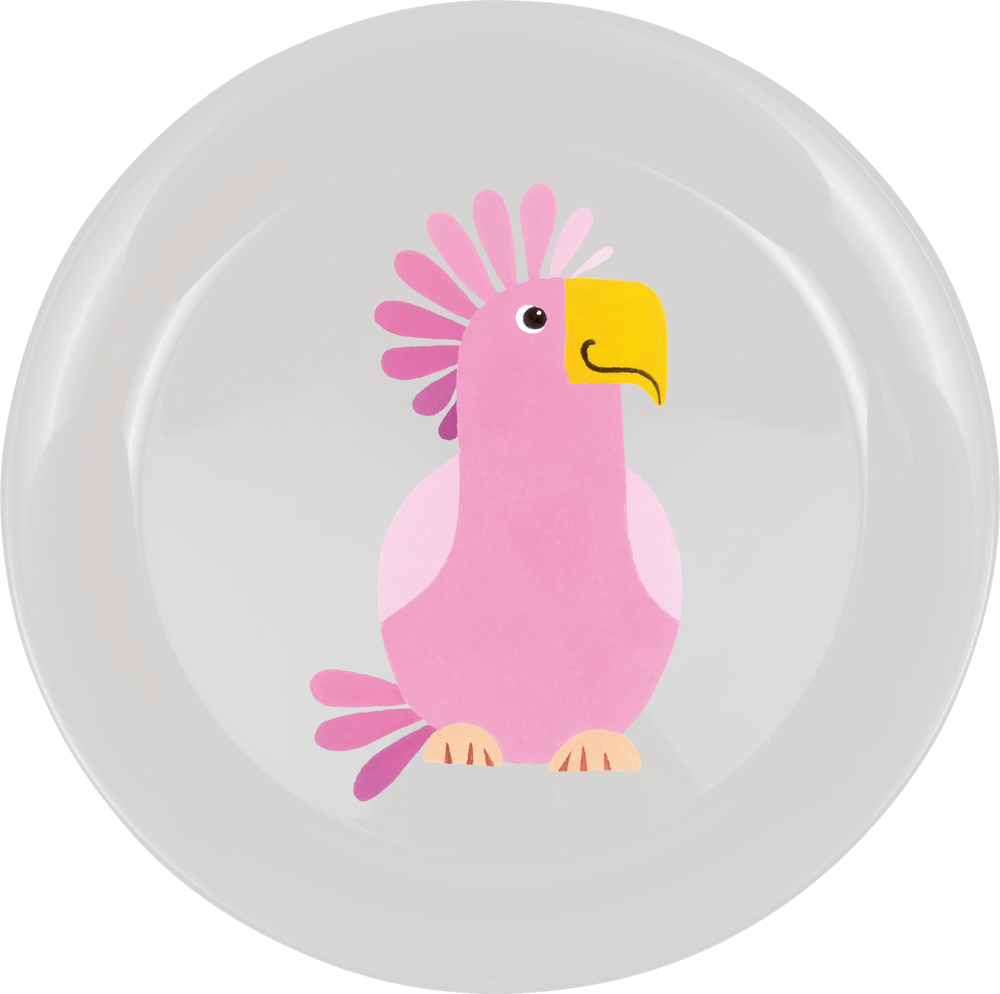 Teller Kakadu - Freche Rasselbande Weißer Teller mit einem rosa Cartoon-Papagei und einem gelben Schnabel.