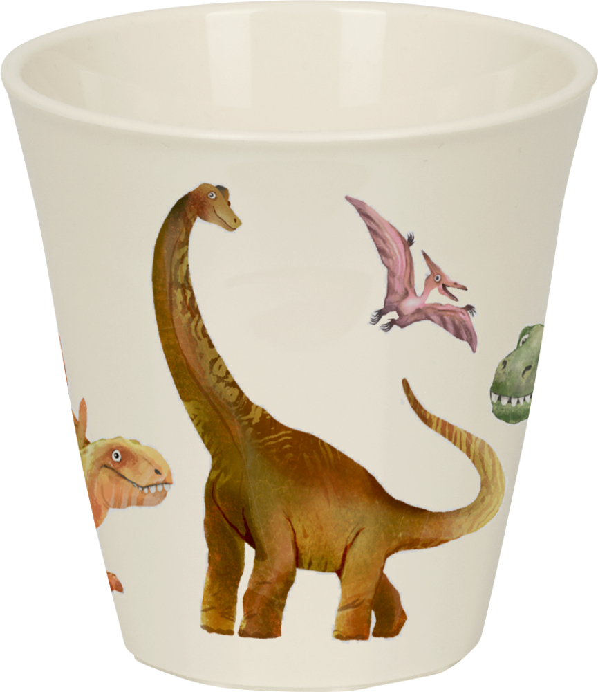 Cremefarbener Becher Dino-Illustrationen.