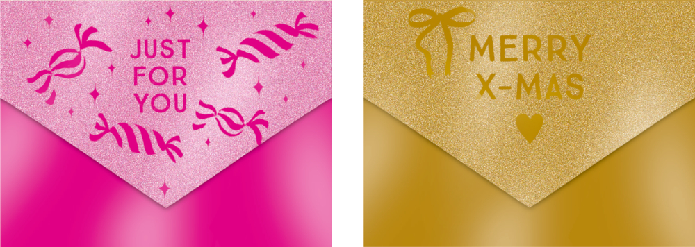 Zwei glitzernde Umschläge, links pink mit Schrift „Just for you“ und Bonbonmotiven, rechts gold mit Schrift „Merry X-Mas“, Herz und Schleife.