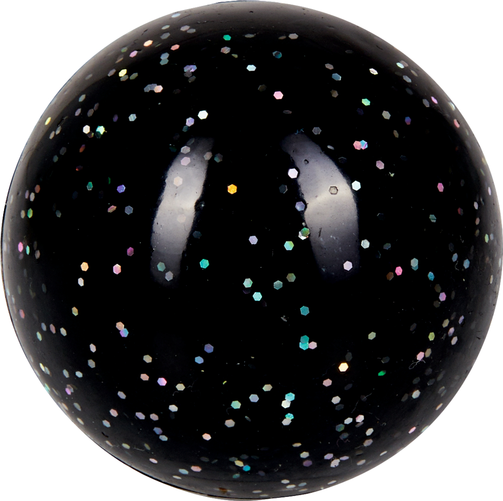 Glitzer-Flummi - Bunte Geschenke Ein schwarzer Ball mit bunten Glitzerpunkten.