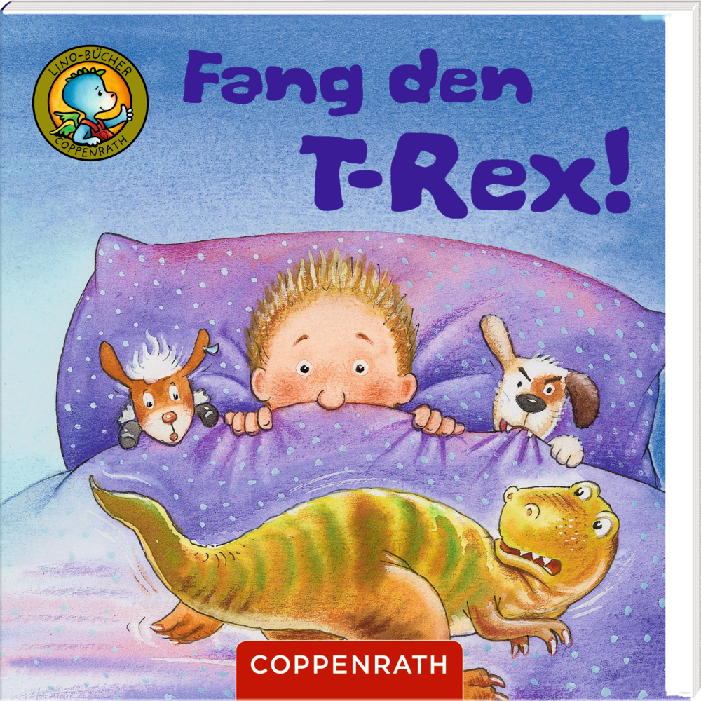 Max putzt ein Dino-Schädel-Fossil, eine Schildkröte schaut zu, das Buch trägt den Titel: Max und die Dino-Ausgrabung.