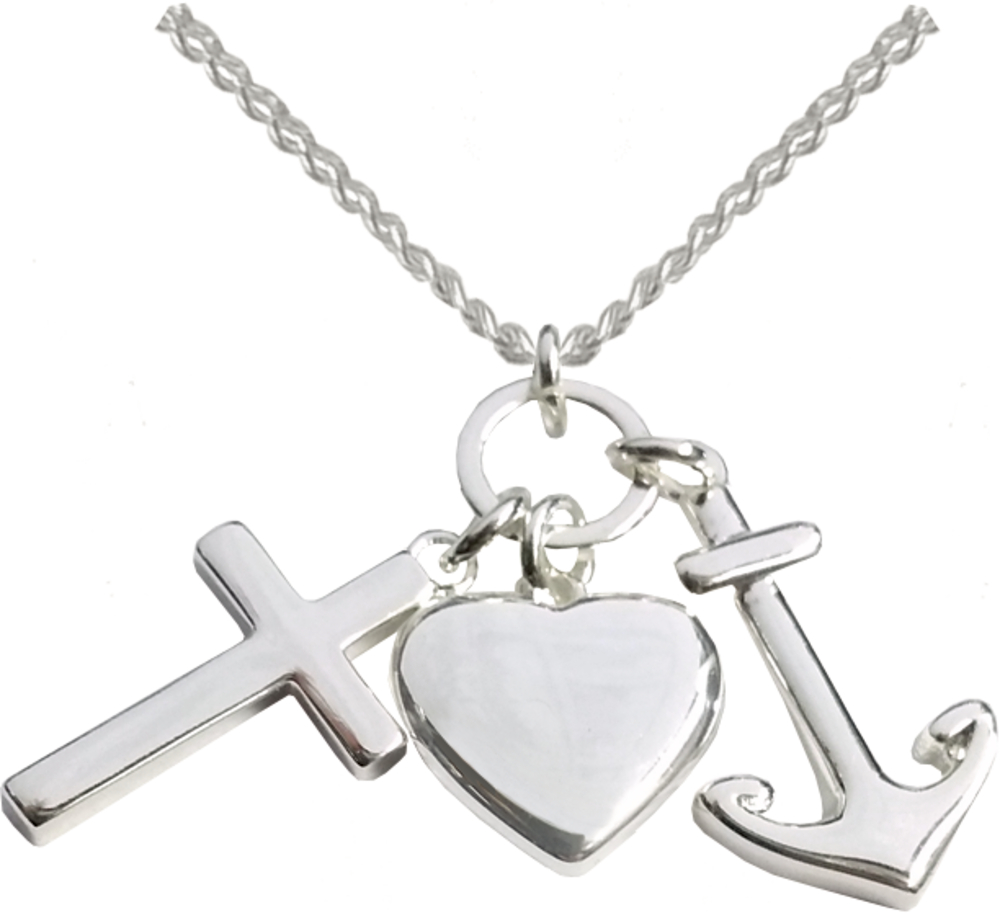 Halskette mit Kreuz-, Herz- und Ankeranhänger (versilbert)