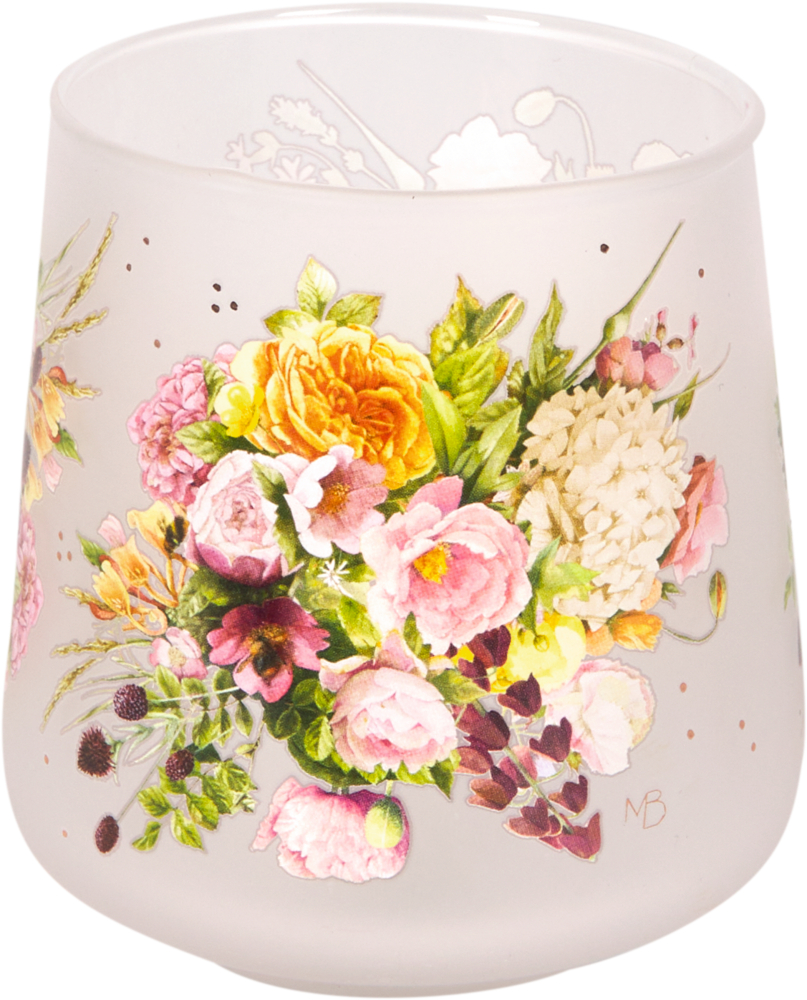 Farbenfrohe, detaillierte Blumenmuster schmücken dieses Kerzenglas aus Milchglas.