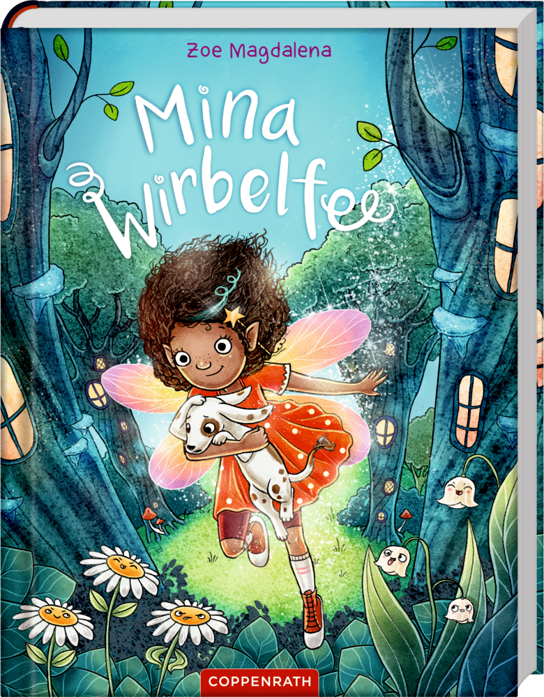 Mina Wirbelfee (Bd. 1) Ein Feenmädchen mit Flügeln und ihr Hund rennen durch einen magischen Wald aus Blumen und leuchtenden Häusern im Hintergrund, auf dem Cover von "Mina Wirbelfee".