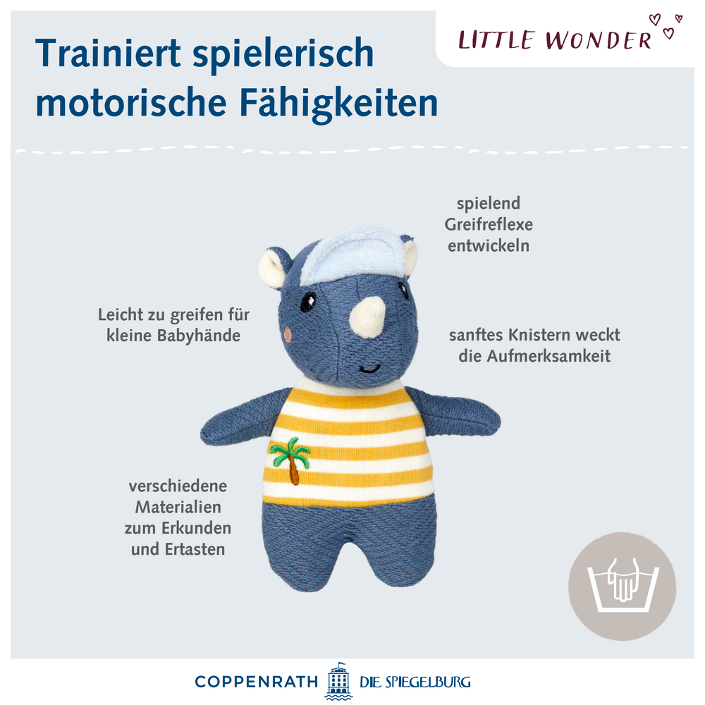 Plüsch-Nashorn mit gelb-gestreiftem Shirt und Mütze vor Text zur motorischen Förderung von Babys.