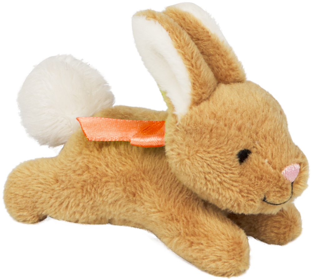 Ein braunes Plüschkaninchen mit rosa Schleife und beweglichem Schwanz, daneben rotes Sprechblasenfeld mit Text.