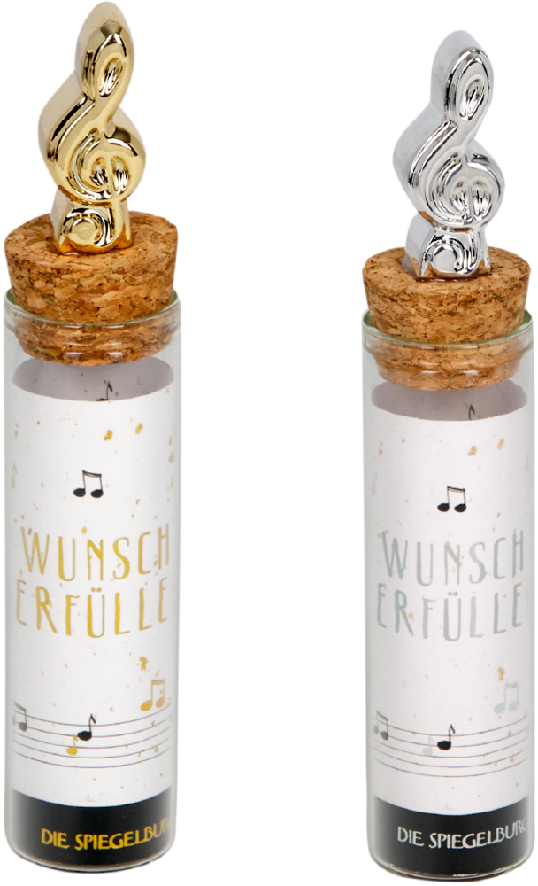 Zwei Glasflaschen mit Korken, jede mit einem goldenen bzw. silbernen Violinschlüssel oben und Noten auf dem Etikett.