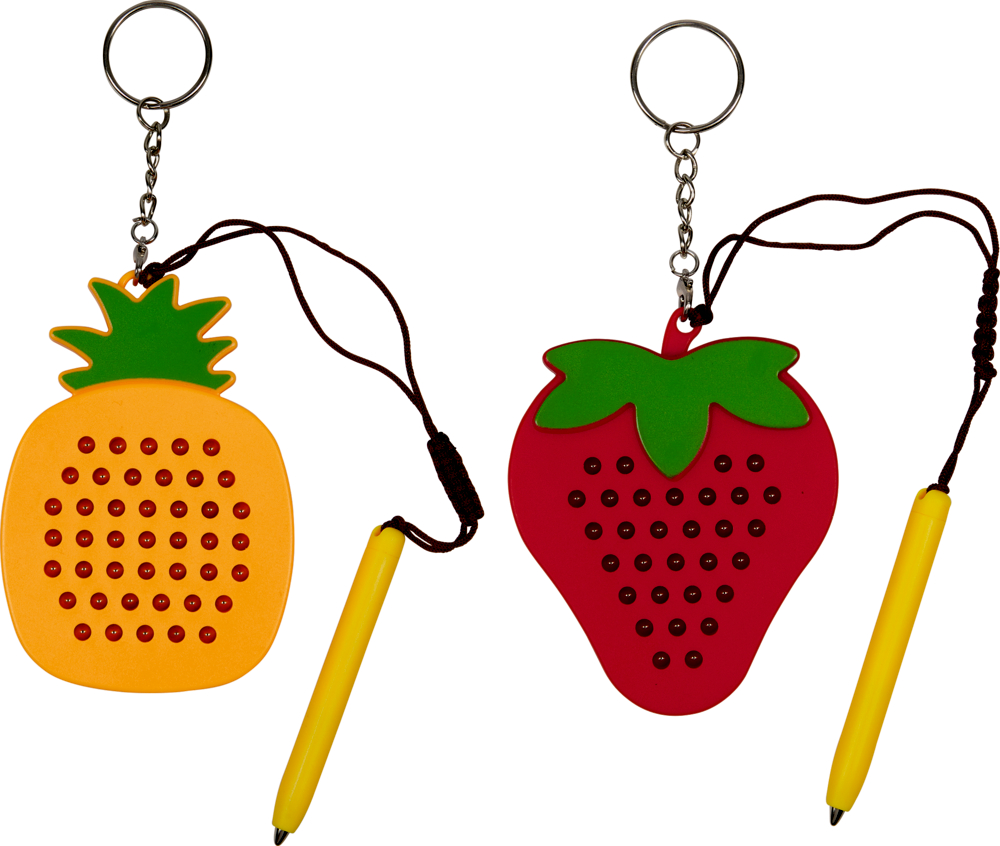 Zwei magnetische Zeichenschlüsselanhänger, geformt als Ananas und Erdbeere, jeweils mit gelbem Stift.