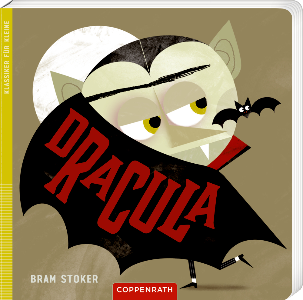 Klassiker für Kleine: Dracula Buchcover mit Cartoon-Dracula mit Reißzähnen und schwarzem Umhang, der eine Fledermaus hält, der Titel „DRACULA“ steht in roten Buchstaben auf dem Umhang.