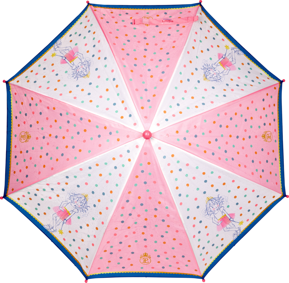Von oben gesehen ein rosa Regenschirm mit bunten Punkten und Cartoon-Mädchen-Motiven auf abwechselnden Feldern.