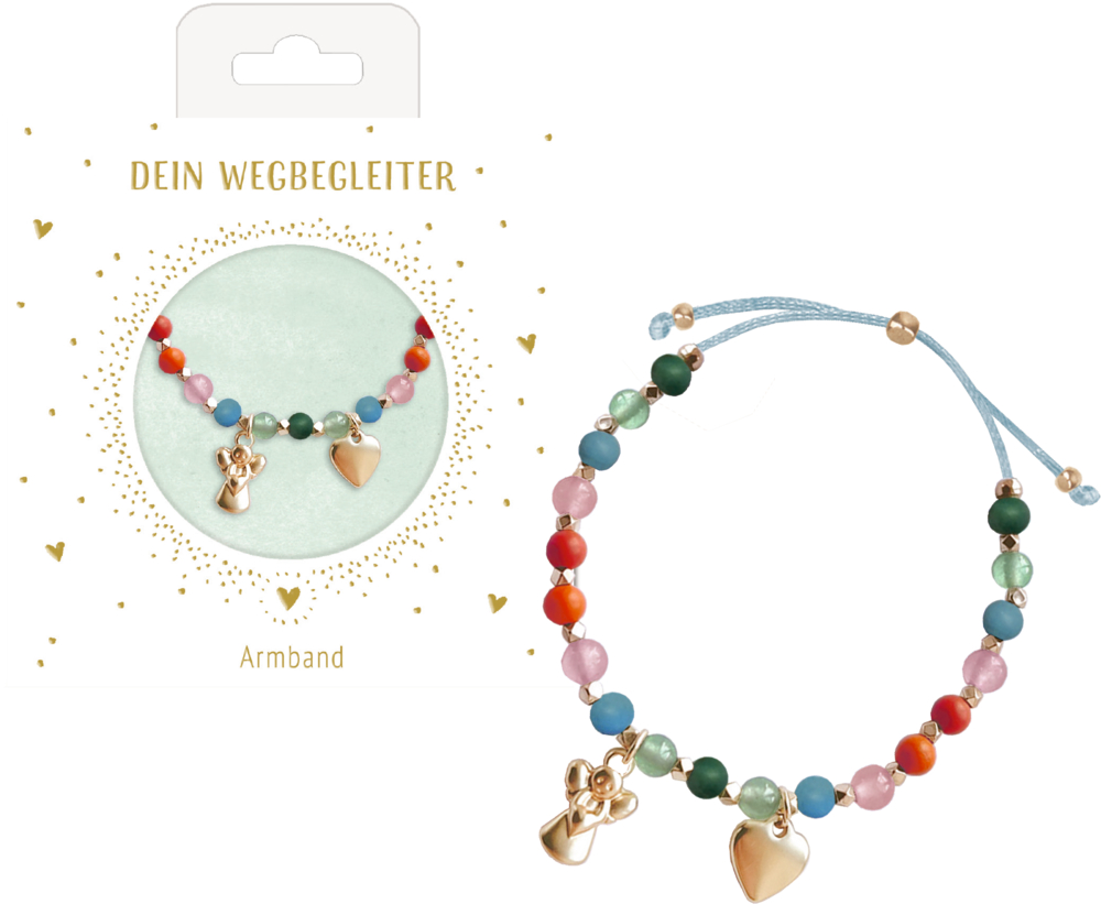 Perlenarmband mit Halbedelstein- und Holzperlen und 2 Anhängern Perlenarmband mit goldenen Engel- und Herzanhängern, präsentiert in einer dekorativen Verpackung.