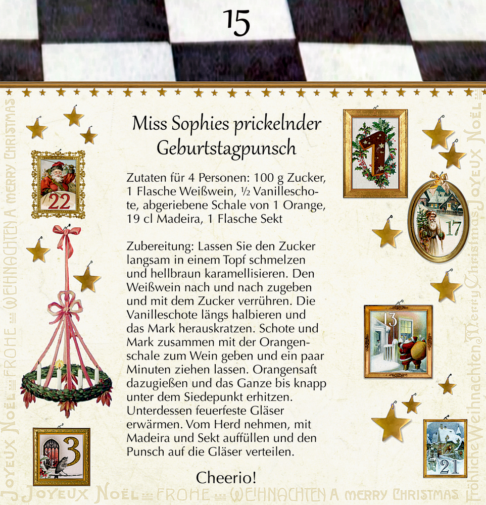 Miss Sophies Geburtstagspunsch-Rezept, umrahmt von festlichen Weihnachts-Adventskalenderfenstern.