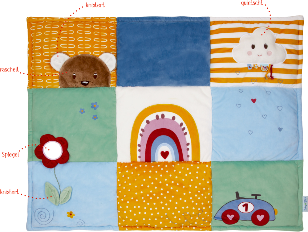 Bunte Baby-Spielmatte, dazu die Wörter "spiegel", "raschelt", "knistert", "quietscht".