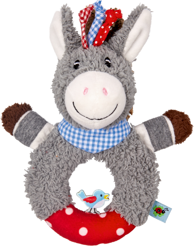 Plüsch-Esel-Babyrassel mit blau kariertem Schal, rotem Ring mit Punkten und einem kleinen blauen Vogel.