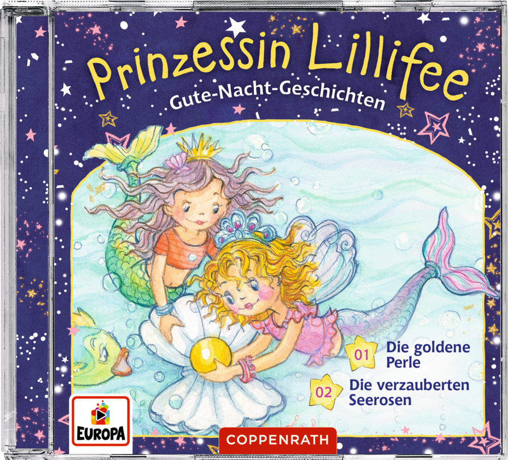 CD Hörspiel: Gute-Nacht-Geschichten mit Prinzessin Lillifee (CD1) Zwei gekrönte Meerjungfrauenprinzessinnen und eine Perle unter dem Meer auf einem sternenbesetzten, illustrierten CD-Cover.