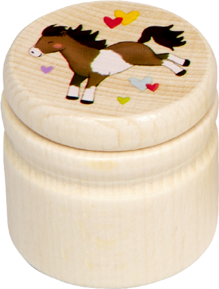 Runde Holzdose mit gezeichnetem Pony und bunten Herzen auf dem Deckel.