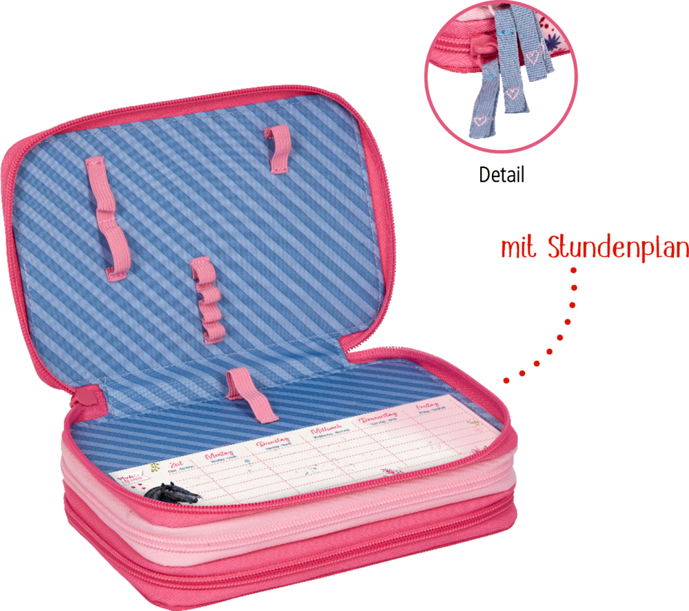 Aufgeklapptes rosa Federmäppchen mit blau gestreiftem Futter, elastischen Haltern und integriertem Wochenplan.